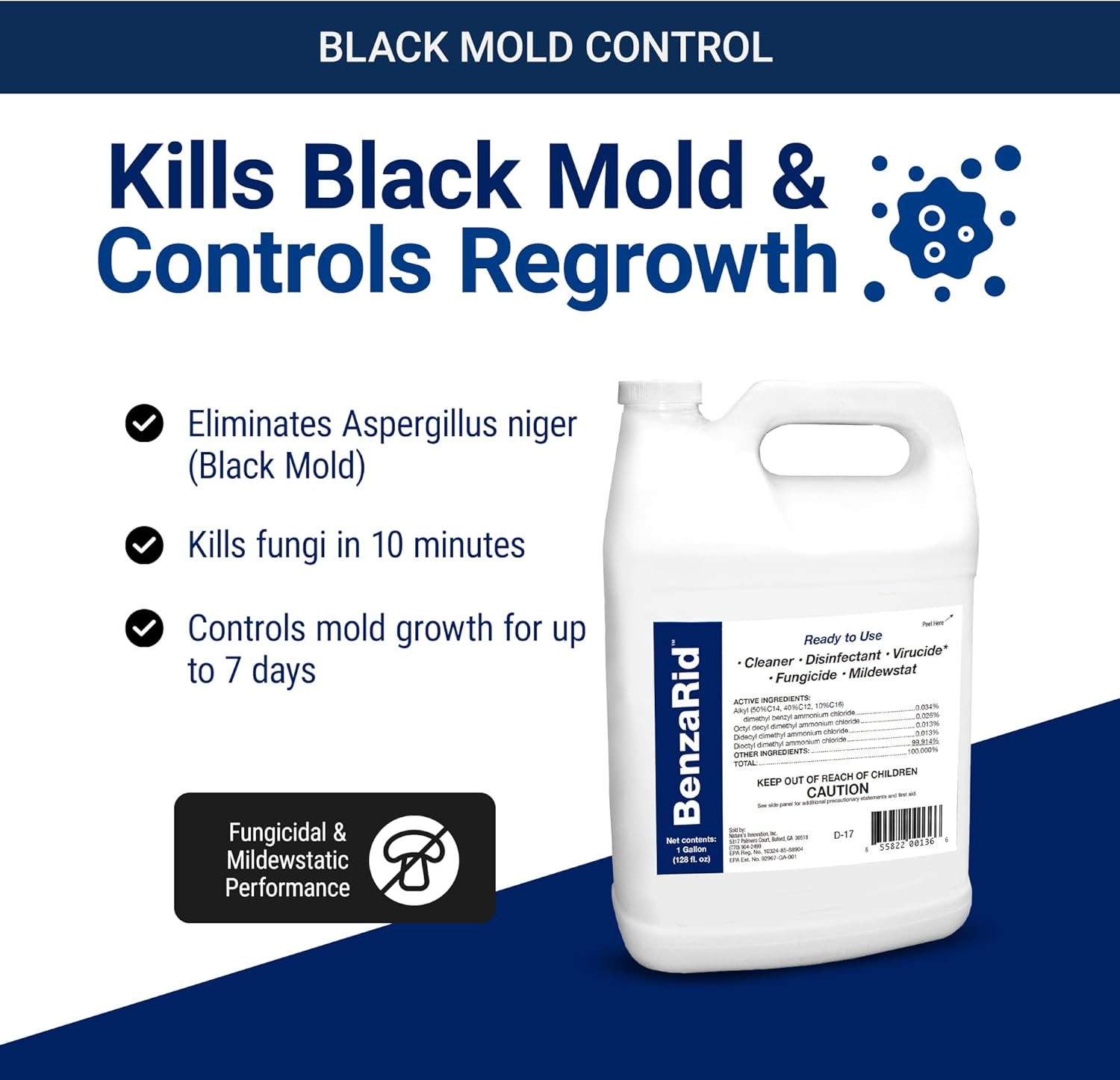 BenzaRid Pro Mold Killer Fungicide Disinfectant including Aspergillus Niger (Black Mold) H5N1 Pack | Multi-Purpose Fungicide, Mildewstat, Disinfectant, Virucide | EPA Reg. 1 Gal + 32 oz.